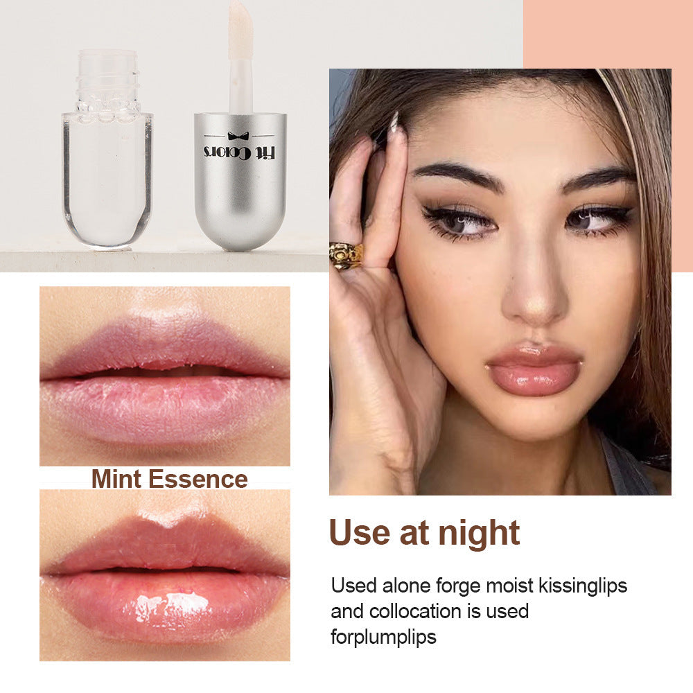 Lip oil with mint essence for plump lips and nighttime use, featuring before and after application results.
