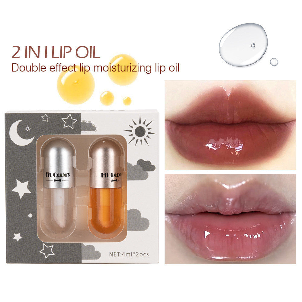 Two sets of 2-in-1 lip oil in a color box shown with glossy lip swatches, highlighting moisturizing effect.