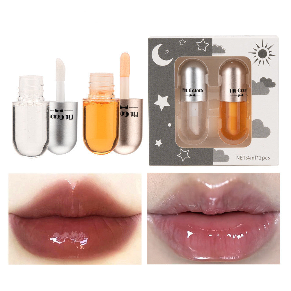 Two sets of lip oil and lip color in packaging with applied swatches on lips, showcasing glossy finish and hydration.